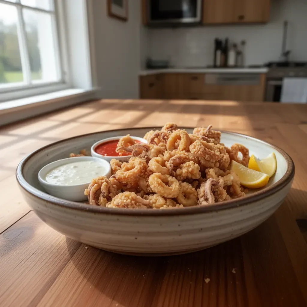 Plate of golden brown fried calamari with dipping sauce and lemon wedges
