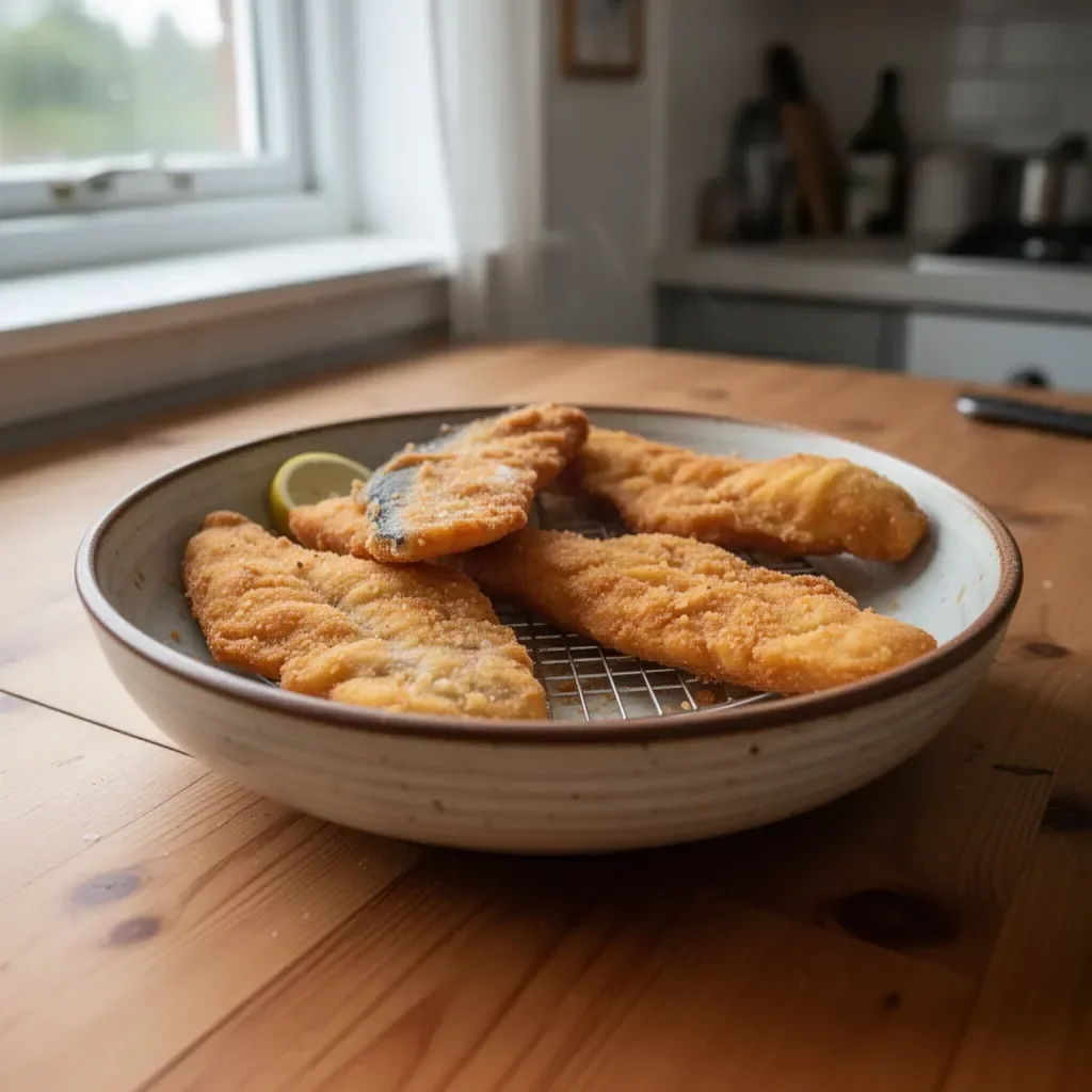 Delicious fried hake fillet served with lemon and herbs