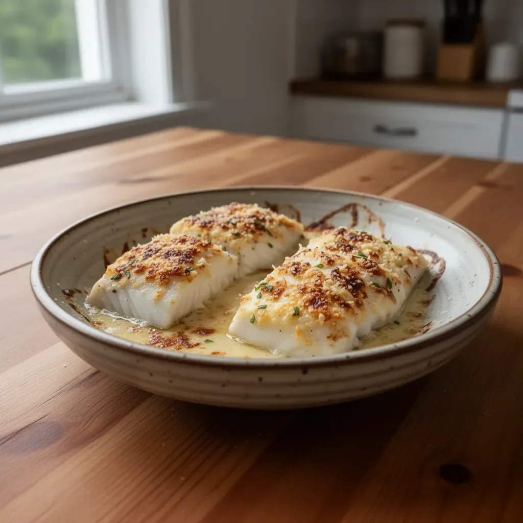 Oven-baked halibut topped with garlic and parmesan cheese