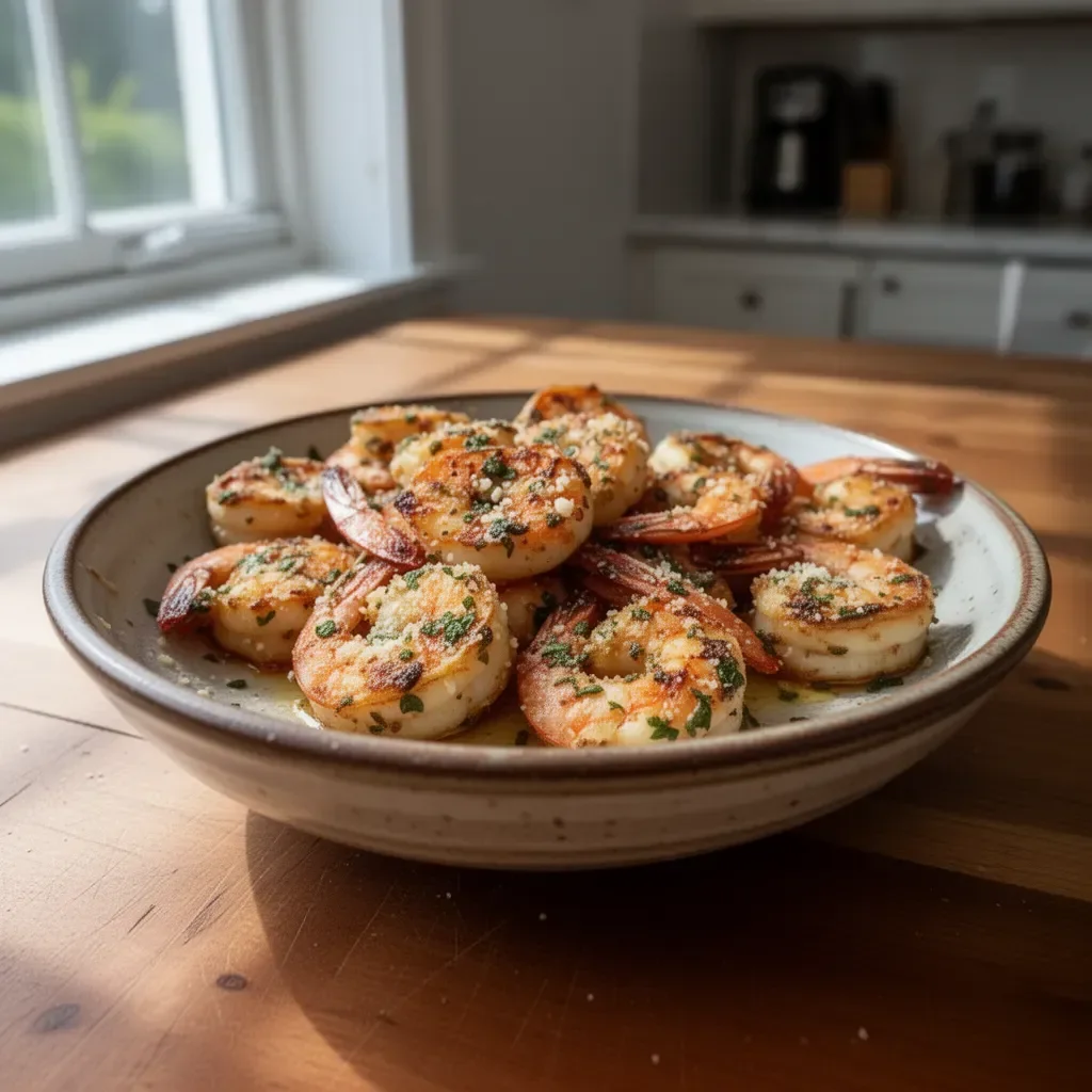 Plate of Garlic Parmesan Roasted Shrimp garnished with parsley