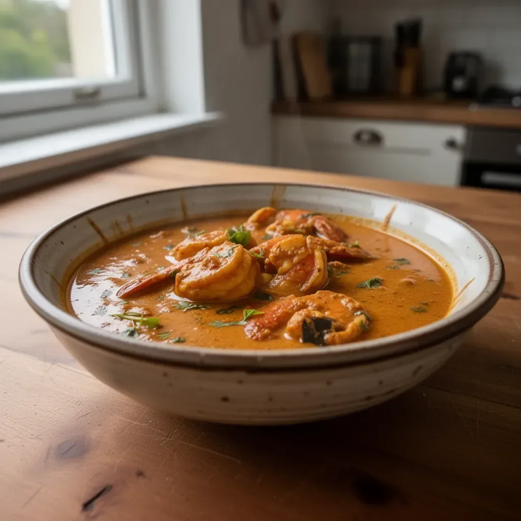 Delicious Goan Shrimp Curry served in a bowl with spices and herbs.