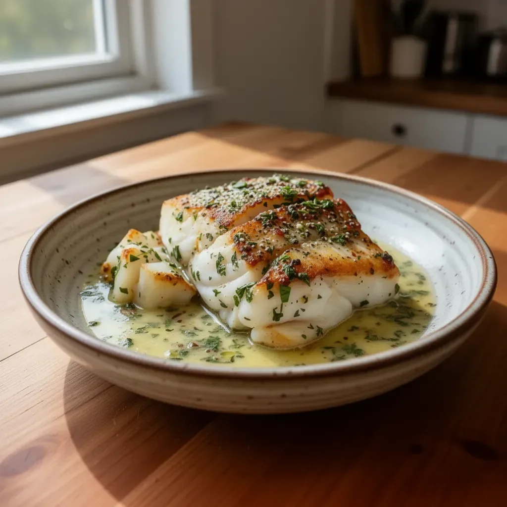 Golden seared cod served with herb butter sauce on a white plate