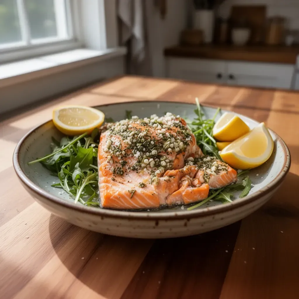 Plate of Greek Salmon garnished with herbs and lemon