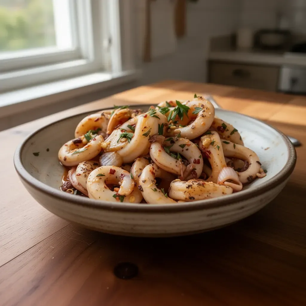 Delicious Greek squid dish with herbs and spices.