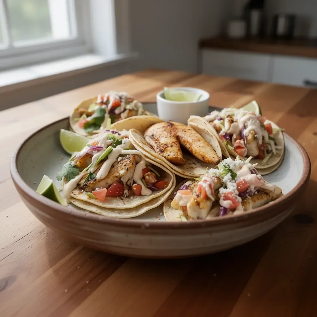 Delicious grilled fish tacos served with fresh toppings and lime.