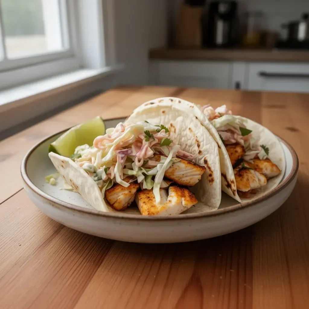 Grilled fish tacos topped with fresh cabbage slaw on a plate