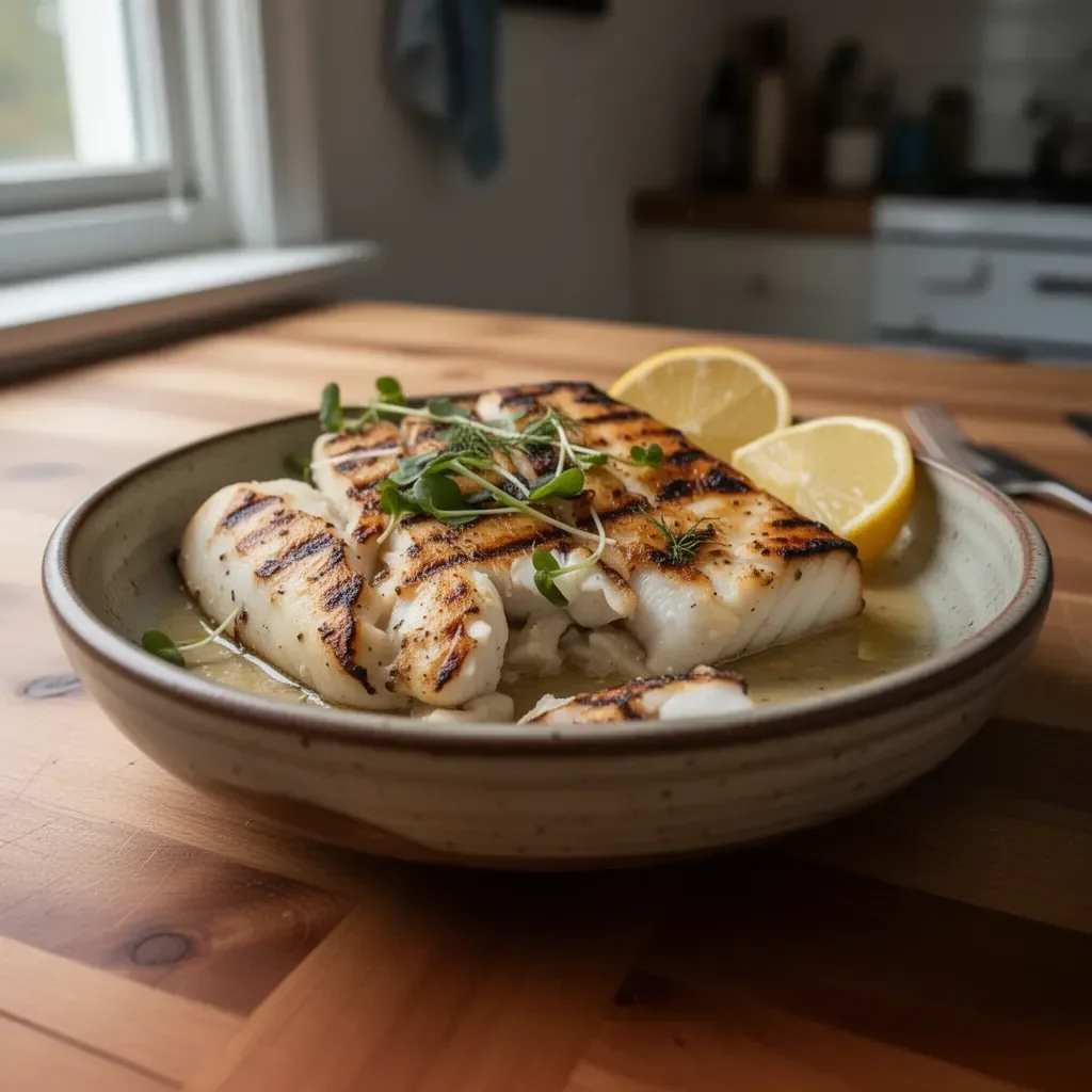 Deliciously grilled halibut served on a plate with fresh herbs