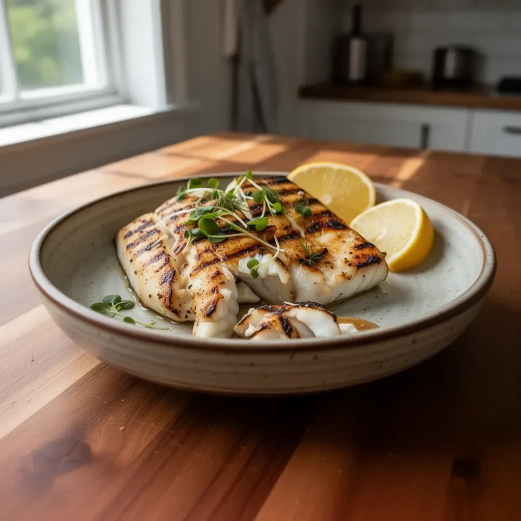 Delicious grilled halibut on a plate, garnished with herbs and lemon.
