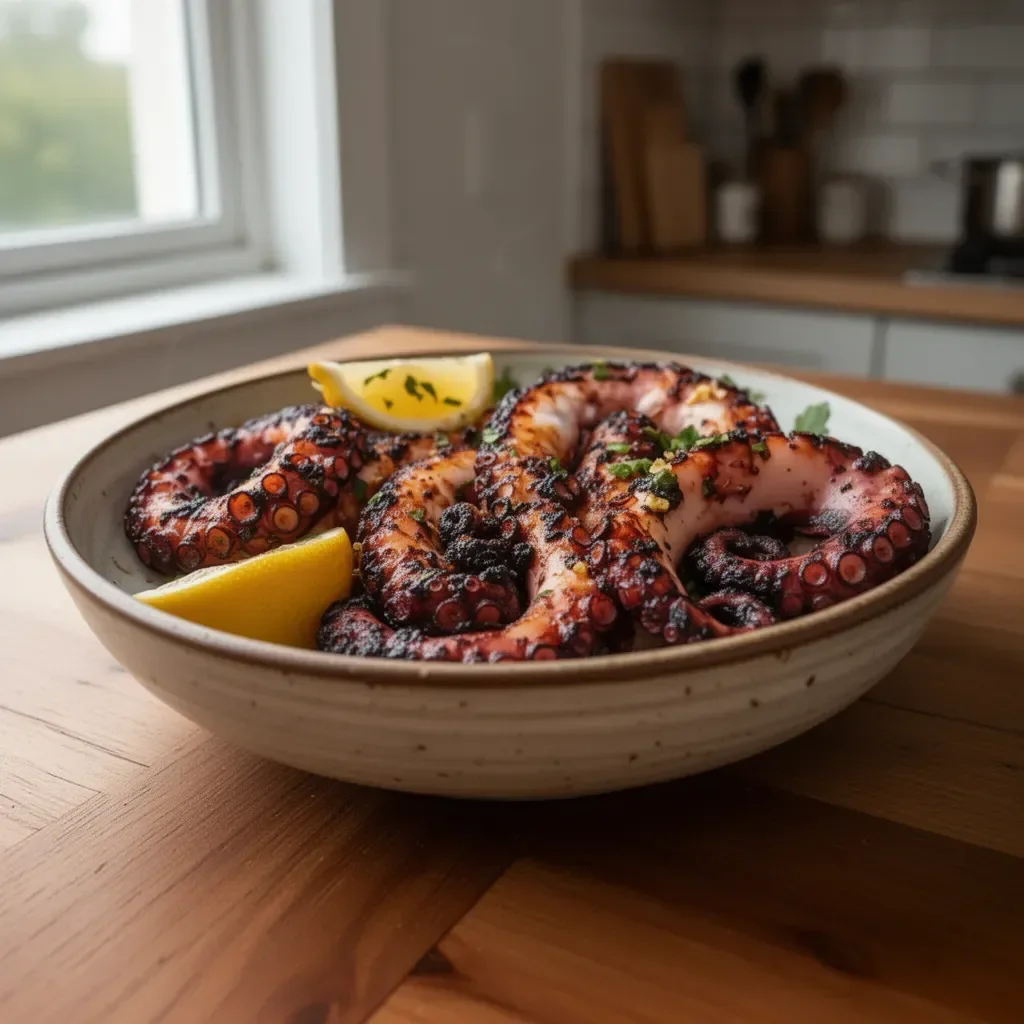 Deliciously grilled octopus served with vibrant garnishes