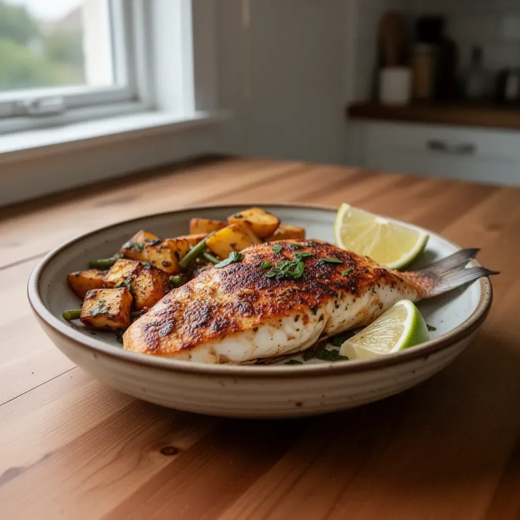 Grilled red snapper served with lemon and herbs