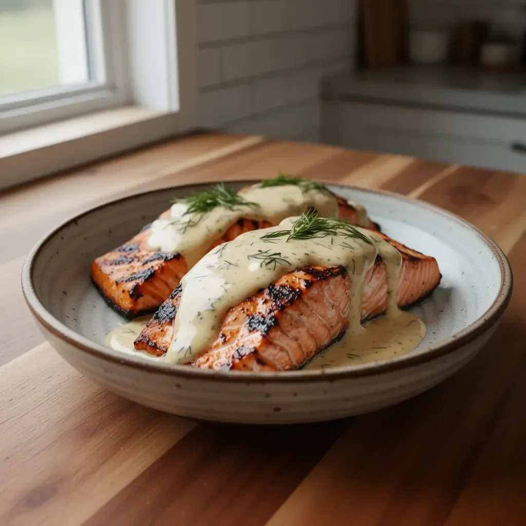Grilled salmon fillet topped with Dijon mustard sauce on a plate.