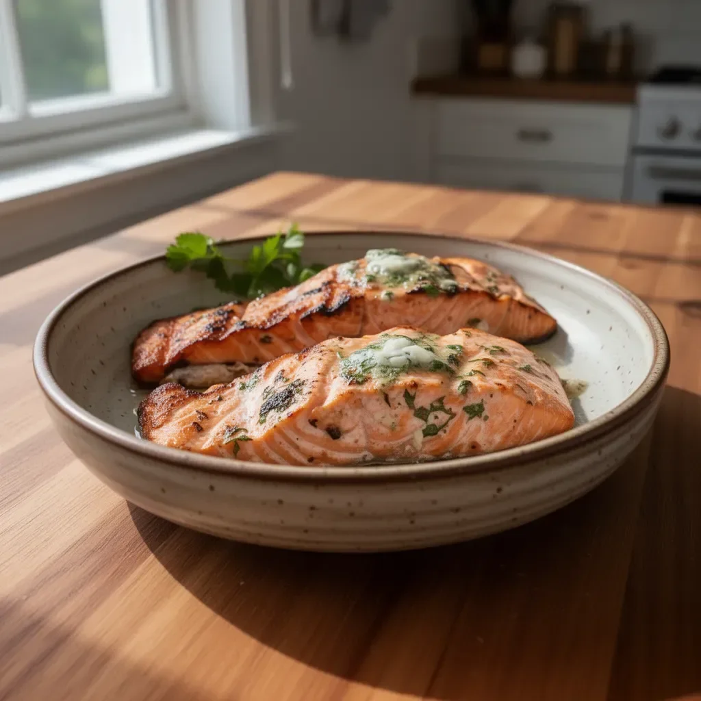 Delicious grilled salmon fillet garnished with garlic butter and fresh herbs