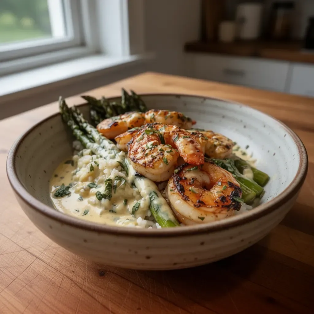 Delicious Grilled Shrimp Bowl with Asparagus Creamy Garlic Sauce