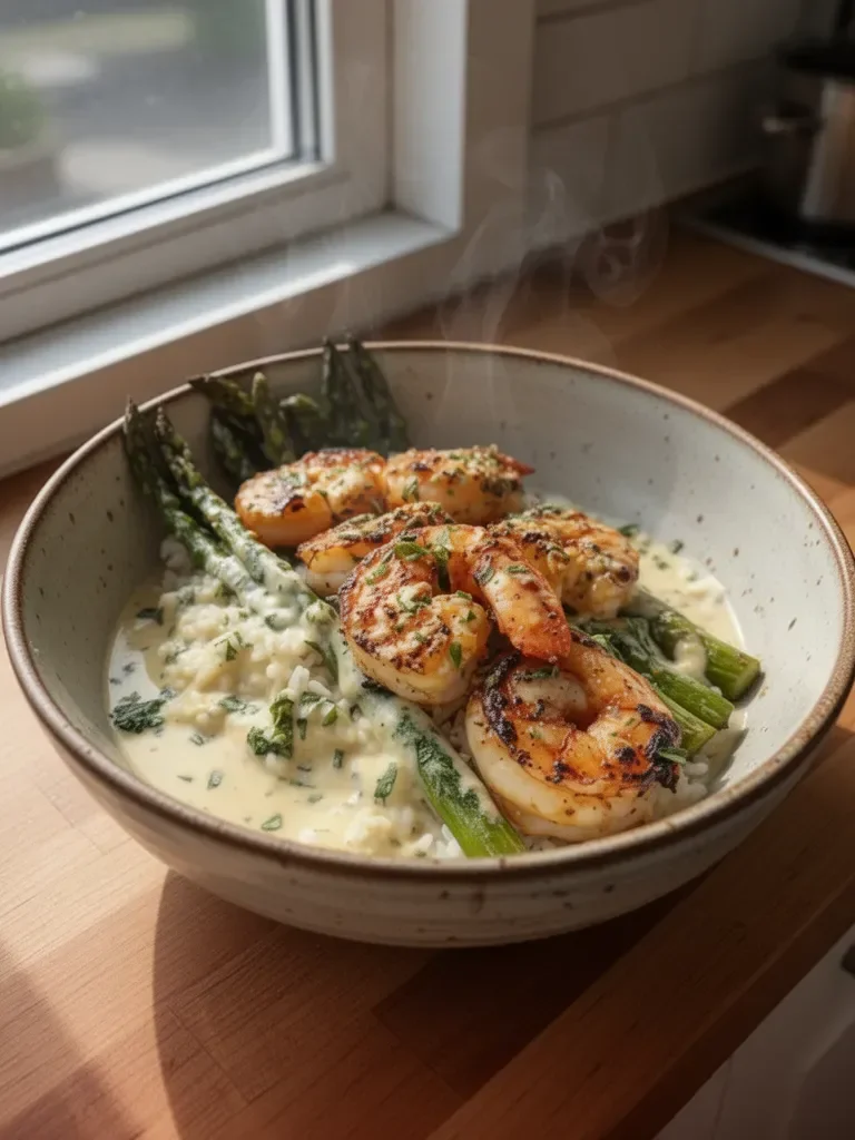Grilled Shrimp Bowl with Asparagus Creamy Garlic Sauce