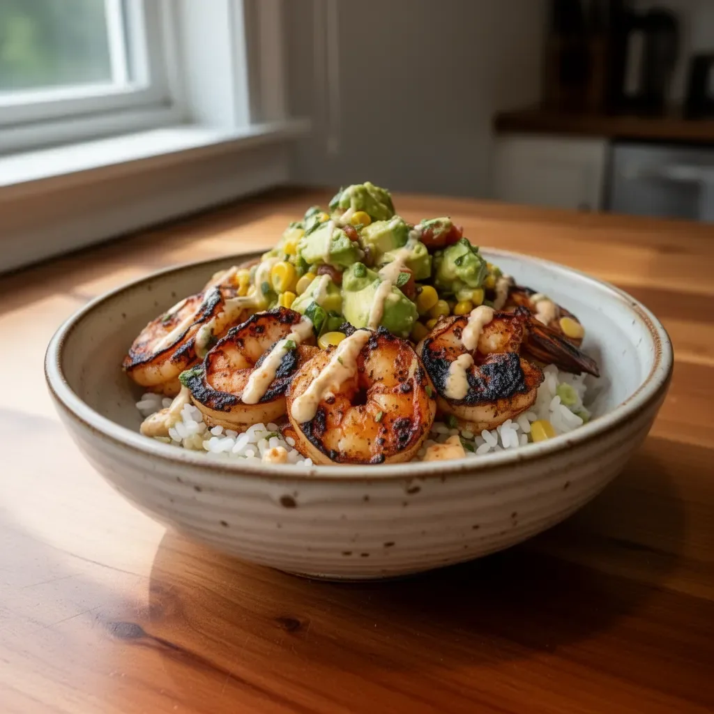 Grilled shrimp bowl topped with avocado corn salsa, garnished with fresh herbs.