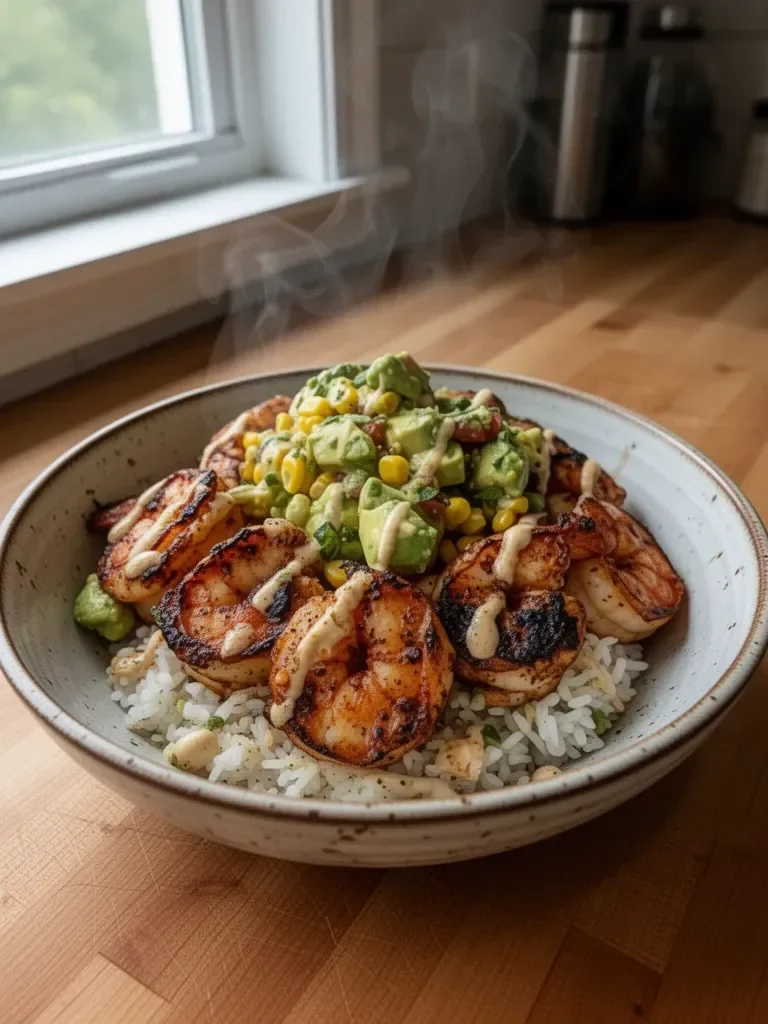 Grilled Shrimp Bowl with Avocado Corn Salsa