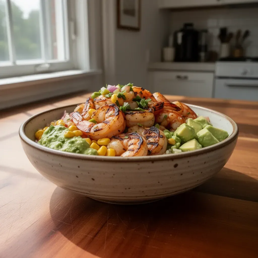 Delicious grilled shrimp bowl topped with fresh avocado corn salsa.