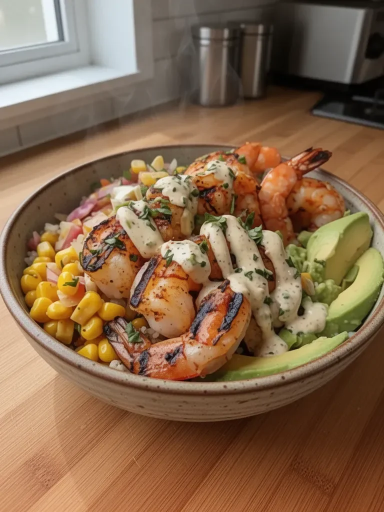 Grilled Shrimp Bowl with Avocado Corn Salsa