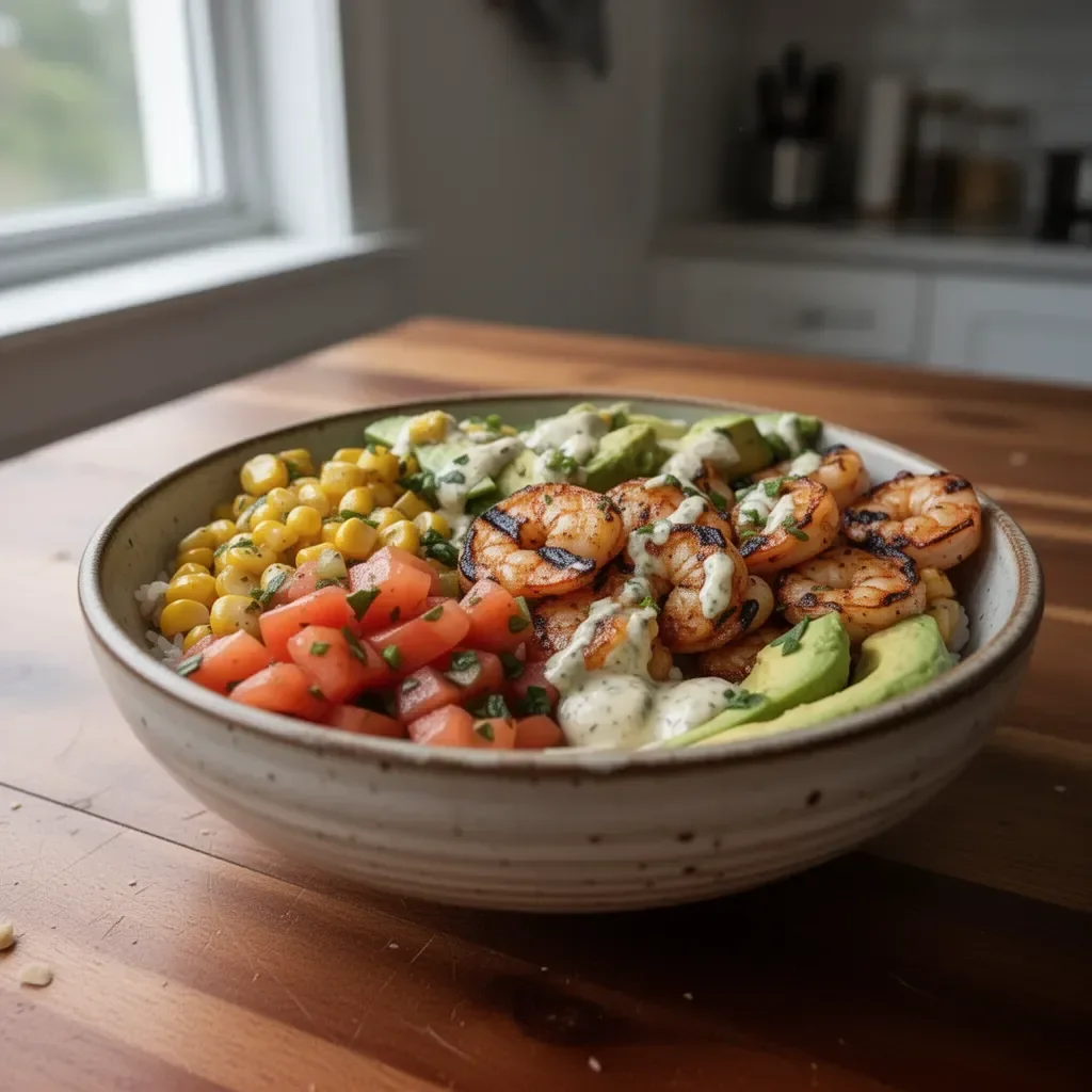 Grilled shrimp bowl featuring avocado, corn salsa, and creamy garlic sauce