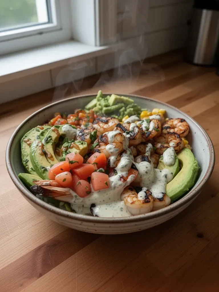 Grilled Shrimp Bowl with Avocado, Corn Salsa & Creamy Garlic Sauce