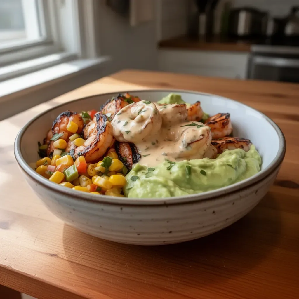 Grilled shrimp bowl with avocado corn salsa and creamy sauce on top