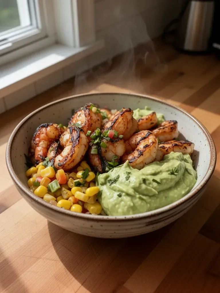 Grilled Shrimp Bowl with Avocado Corn Salsa Creamy Sauce
