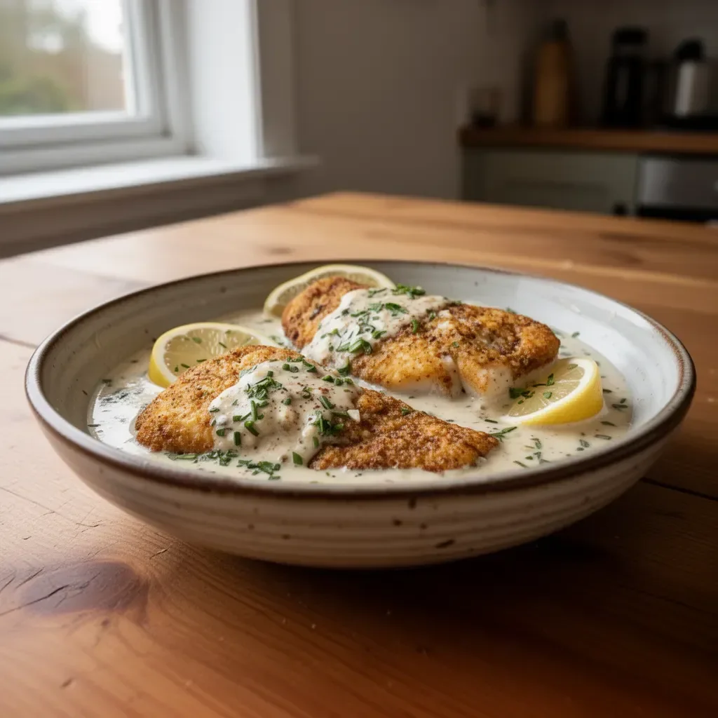 Haddock fillets in a rich lemon garlic cream sauce served on a plate