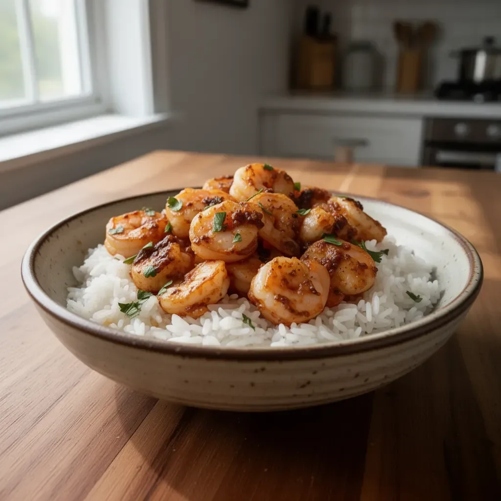 Delicious plate of Hawaiian Garlic Shrimp served with rice and vegetables.