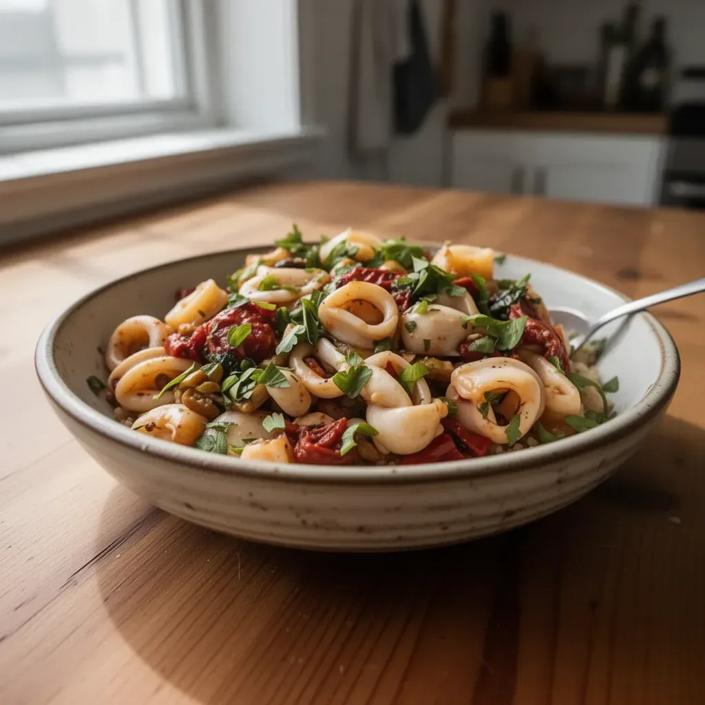 Healthy puttanesca-style sautéed squid served on a plate with fresh herbs.