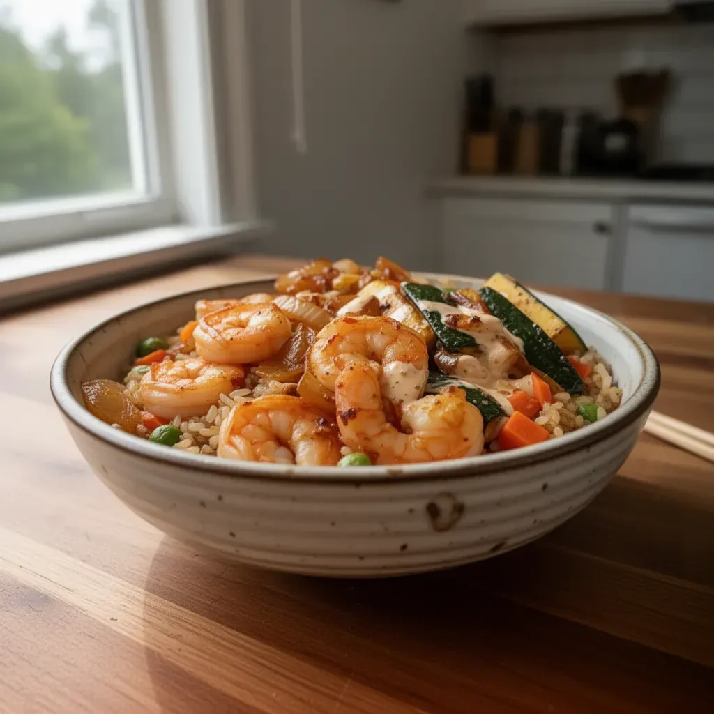 Delicious Hibachi Shrimp Rice Bowl garnished with fresh vegetables and herbs.