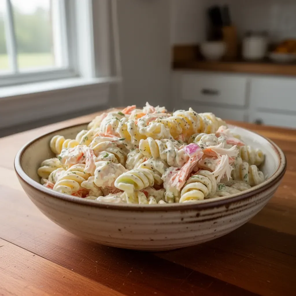 Bowl of homemade crab pasta salad with ranch dressing and fresh ingredients