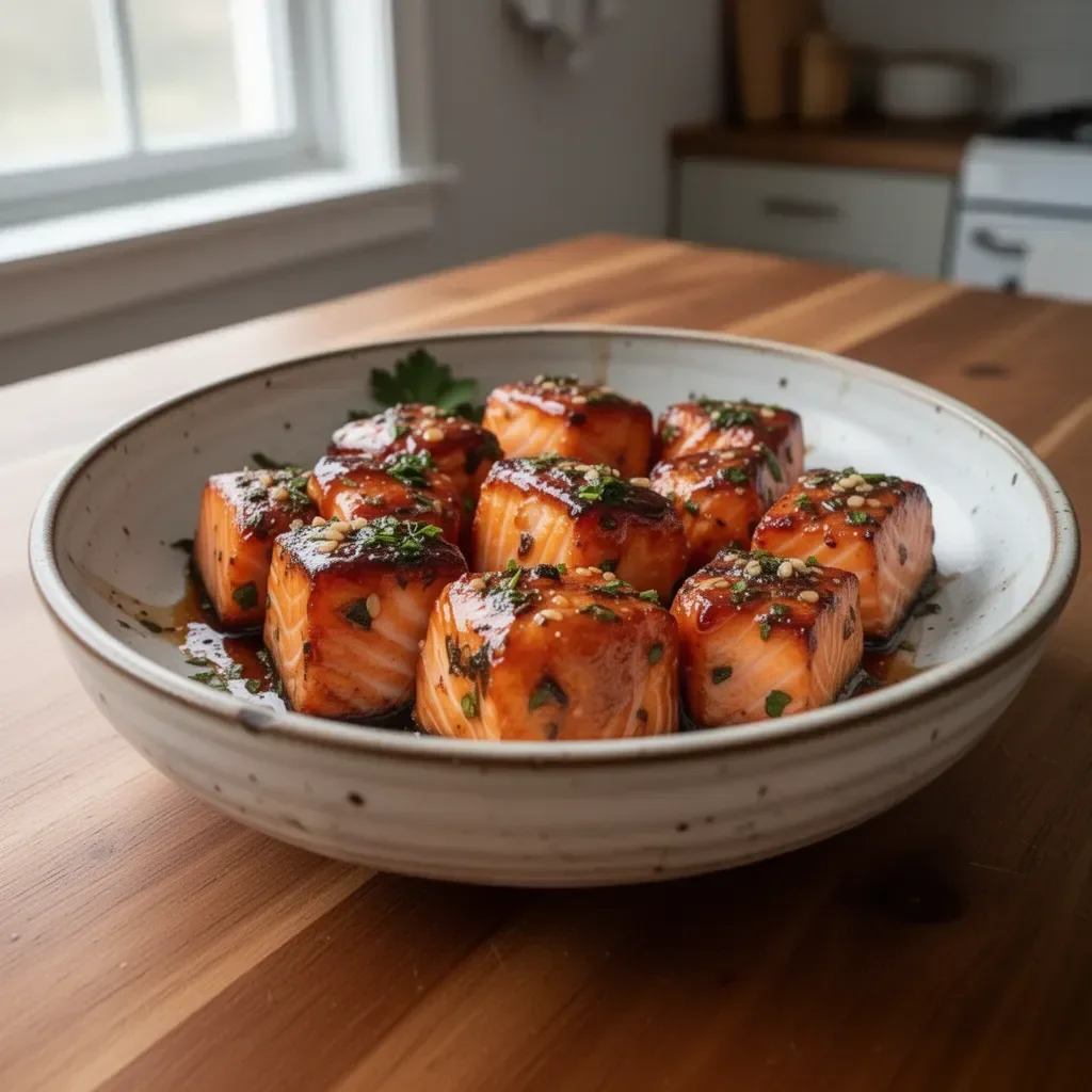 Delicious honey butter garlic glazed salmon bites served on a plate.