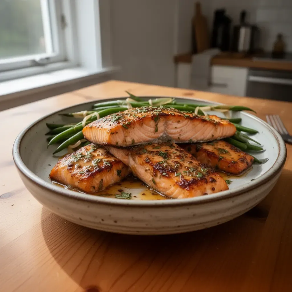 Delicious Honey Butter Salmon garnished with herbs on a white plate
