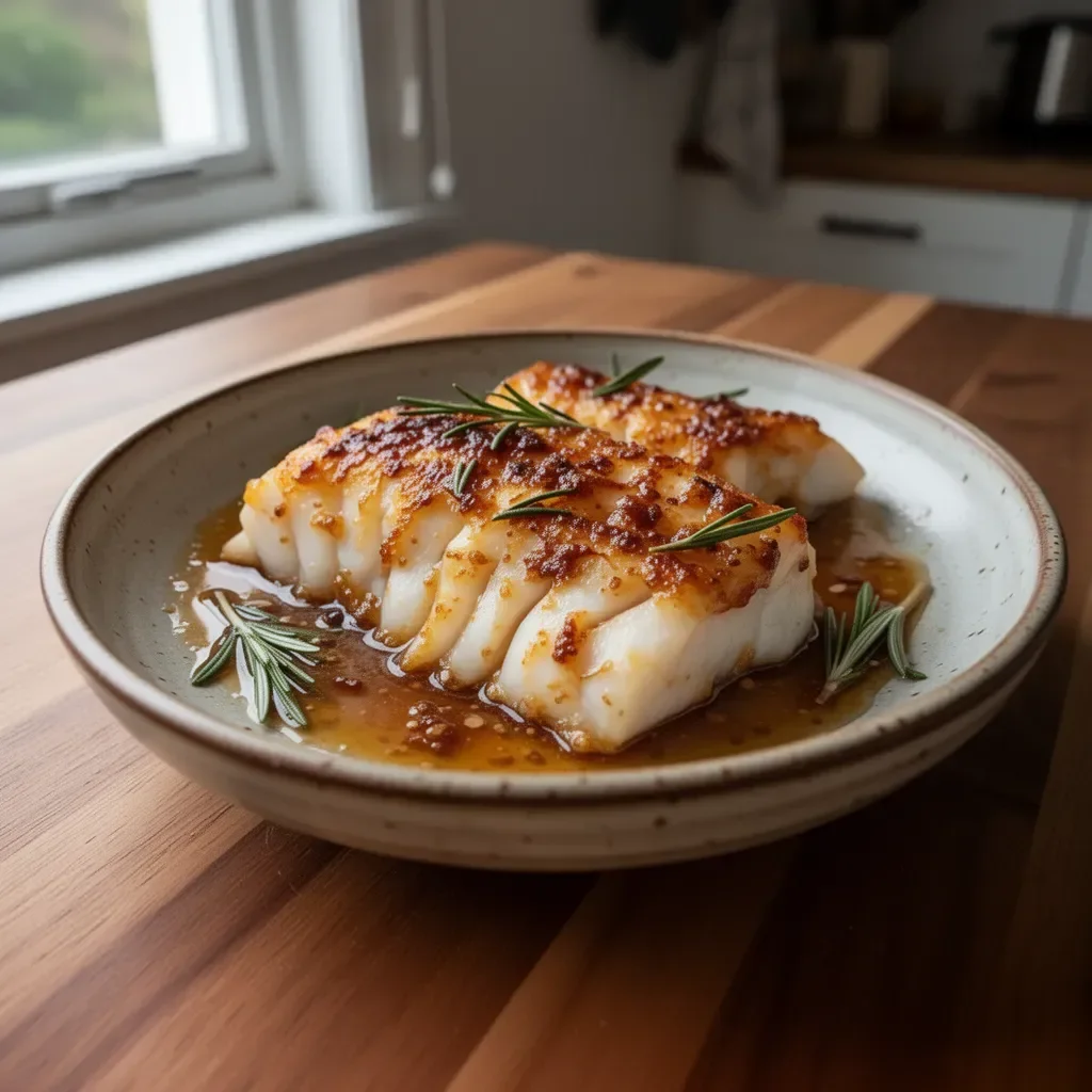 Honey garlic baked cod fillet served on a plate with lemon and herbs