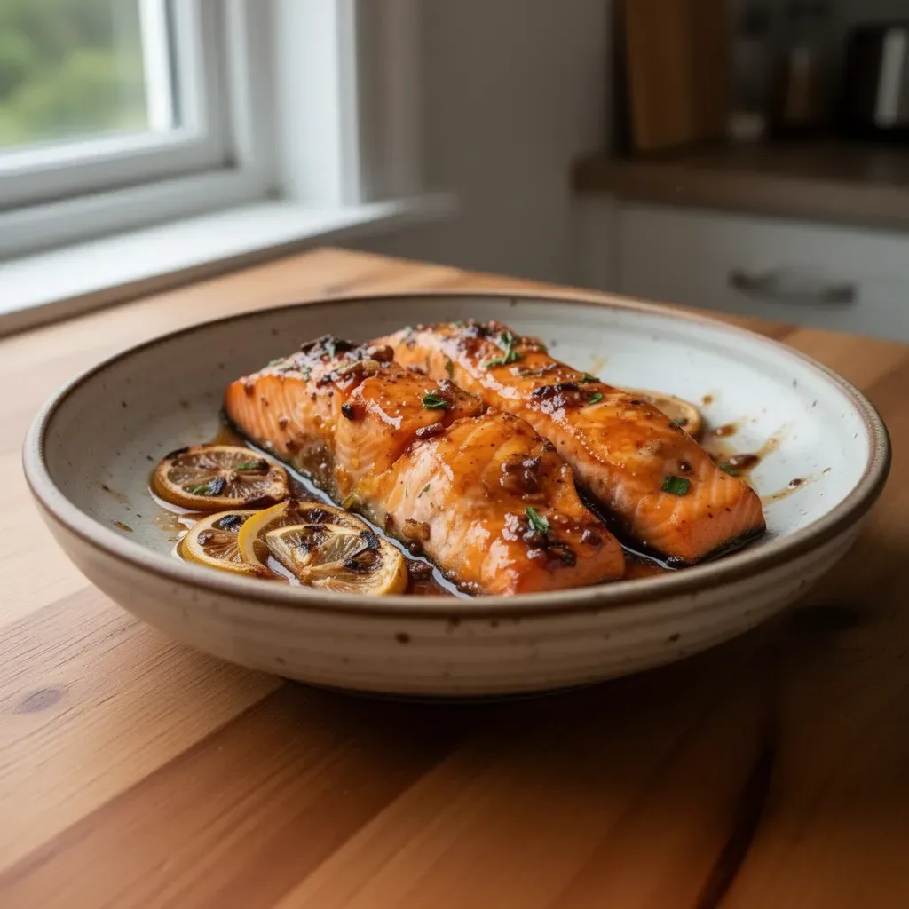 Delicious Honey Garlic Salmon garnished and plated for a flavorful meal.