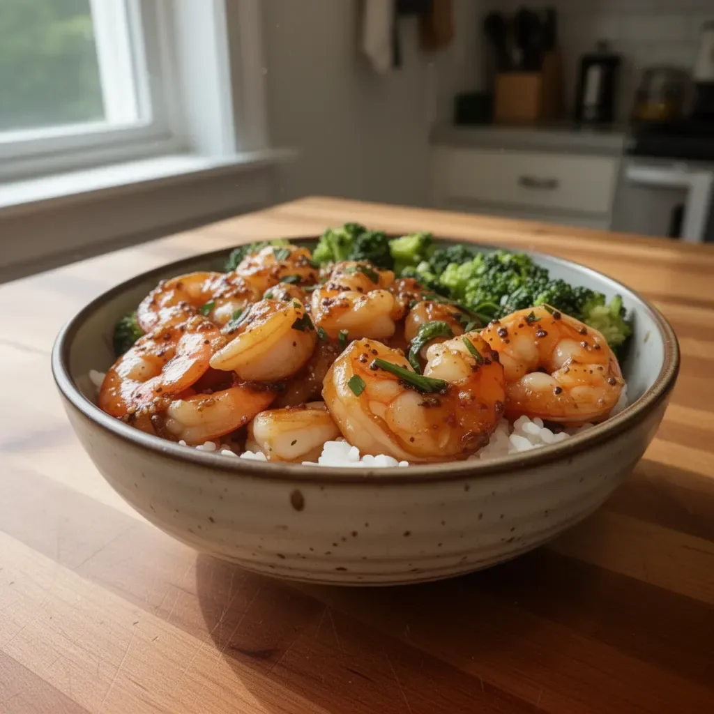 Delicious honey garlic shrimp bowls garnished with vegetables and rice.