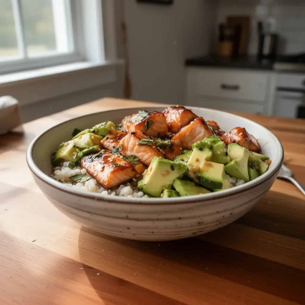 Honey glazed salmon bowl with fresh vegetables and rice for a healthy meal