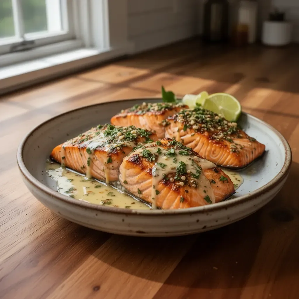 Honey-Lime Garlic Butter Baked Salmon on a plate with fresh herbs.
