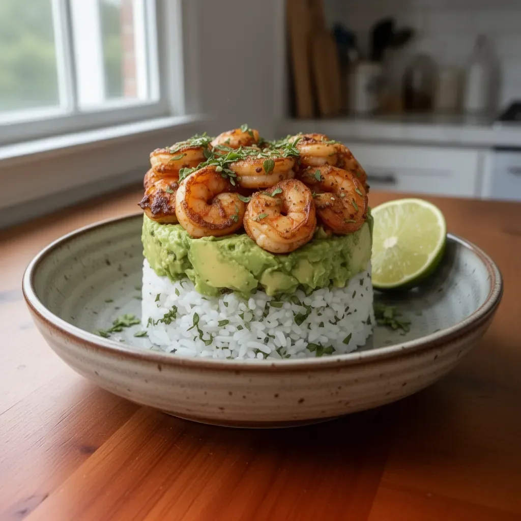 Honey Lime Shrimp served on top of Avocado Rice Stack