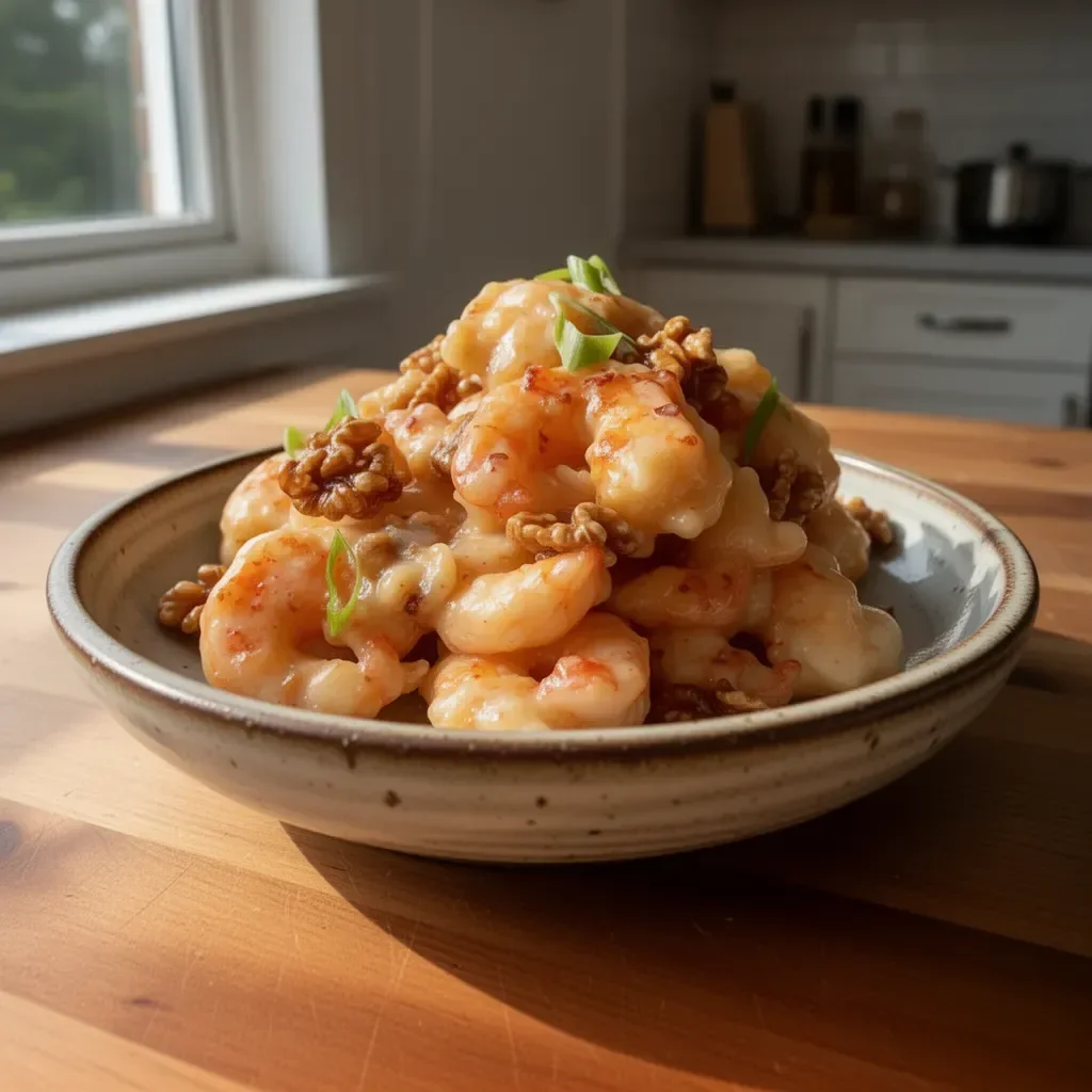 Plate of honey walnut shrimp with crispy shrimp, honey sauce, and caramelized walnuts
