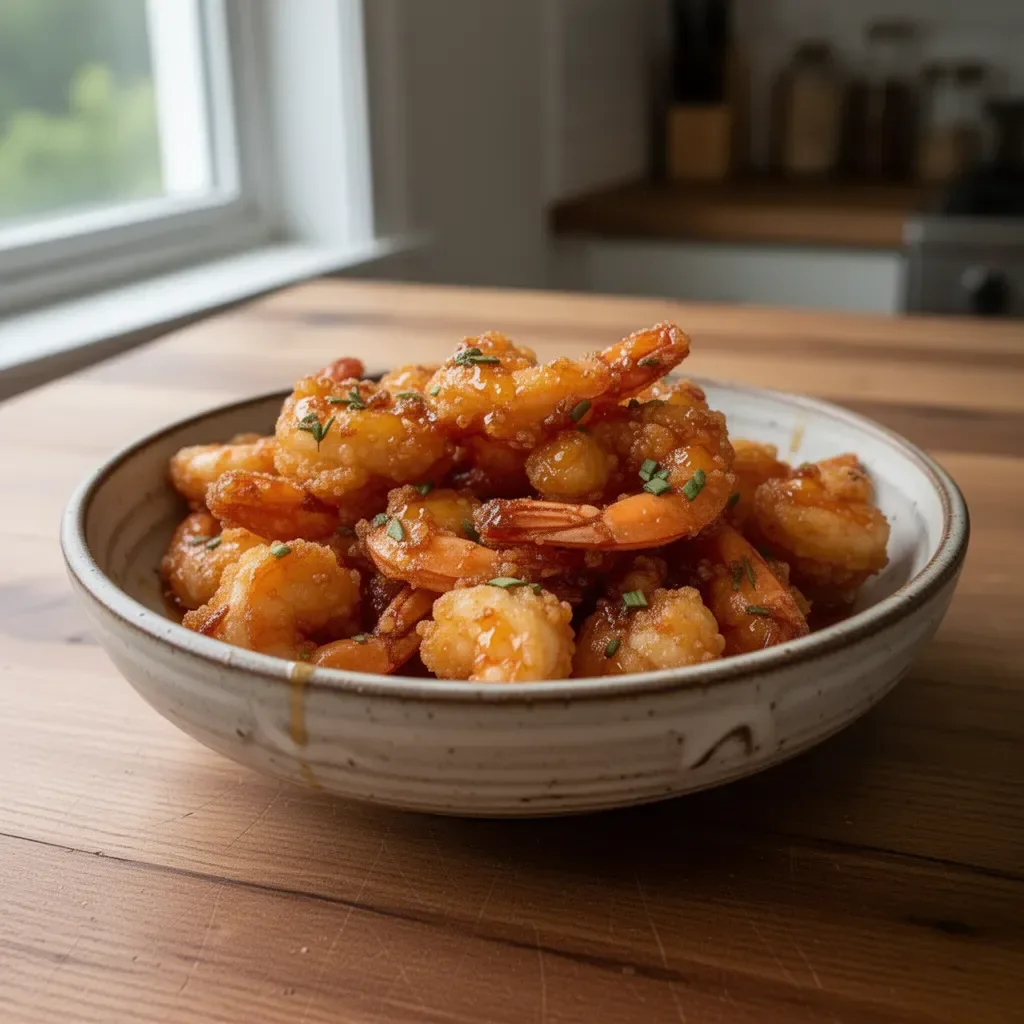 Crispy hot honey fried shrimp on a plate garnished with herbs