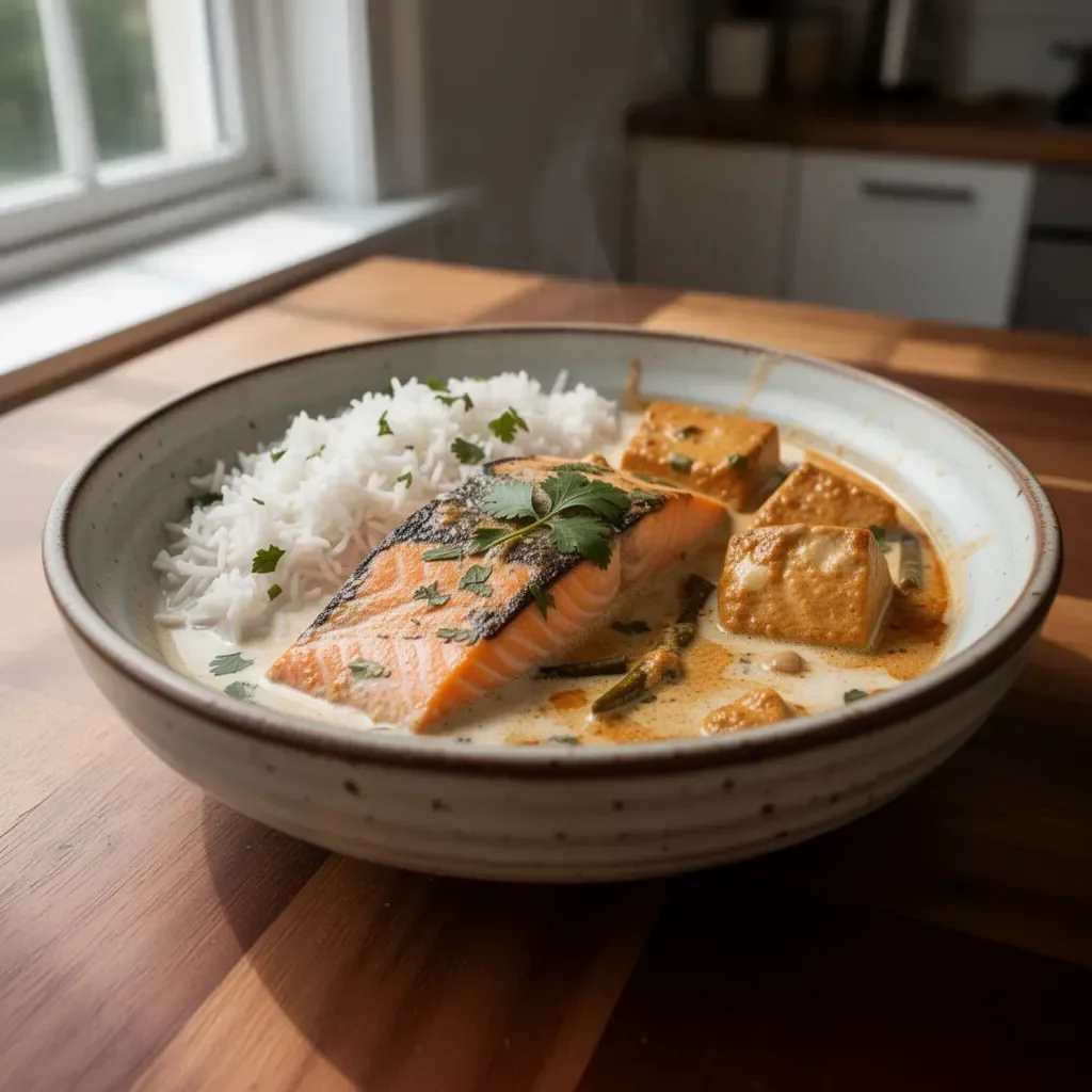 Indian-style salmon curry cooked with coconut milk and spices