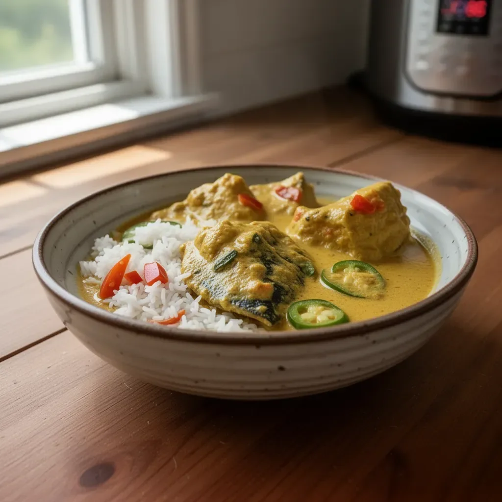 Instant Pot Fish Curry served with rice, inspired by South Indian Fish Molee