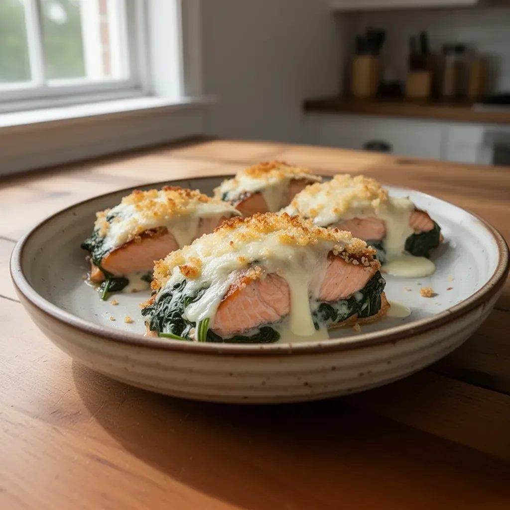 Baked salmon with spinach and melted mozzarella cheese on a plate