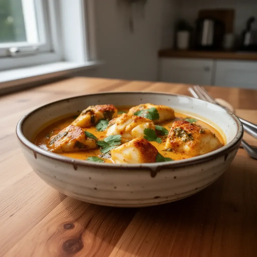 Bowl of irresistible coconut fish curry served with fresh herbs
