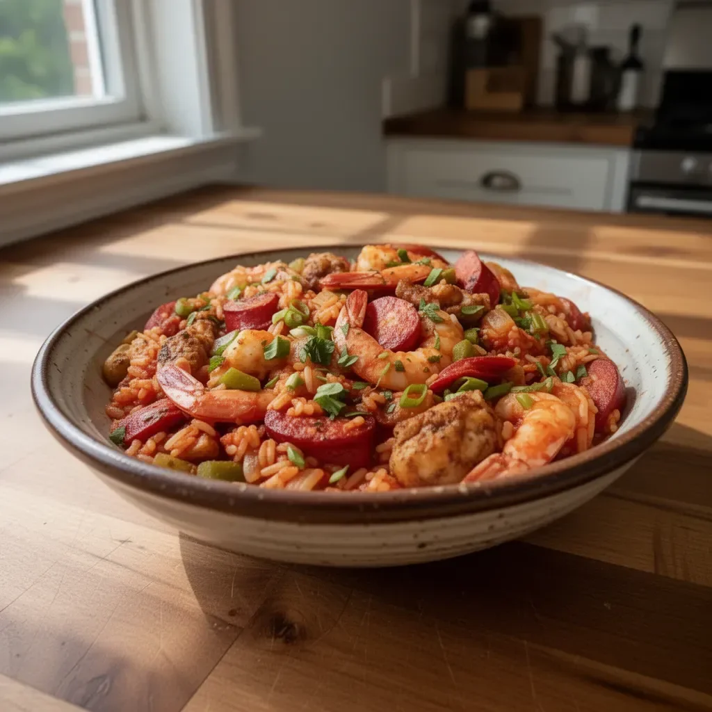 A colorful plate of jambalaya featuring shrimp, sausage, and vegetables.