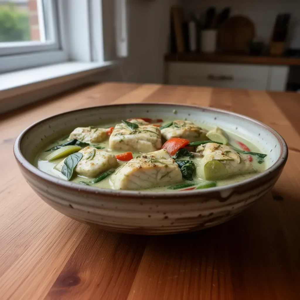 Jamie Oliver's Fish Thai Green Curry with fresh herbs and vegetables