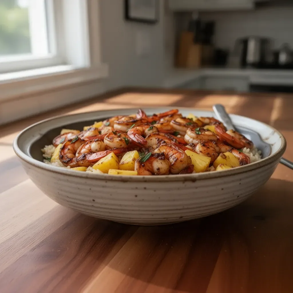 Plate of Jerk Shrimp served with Pineapple Basil Rice