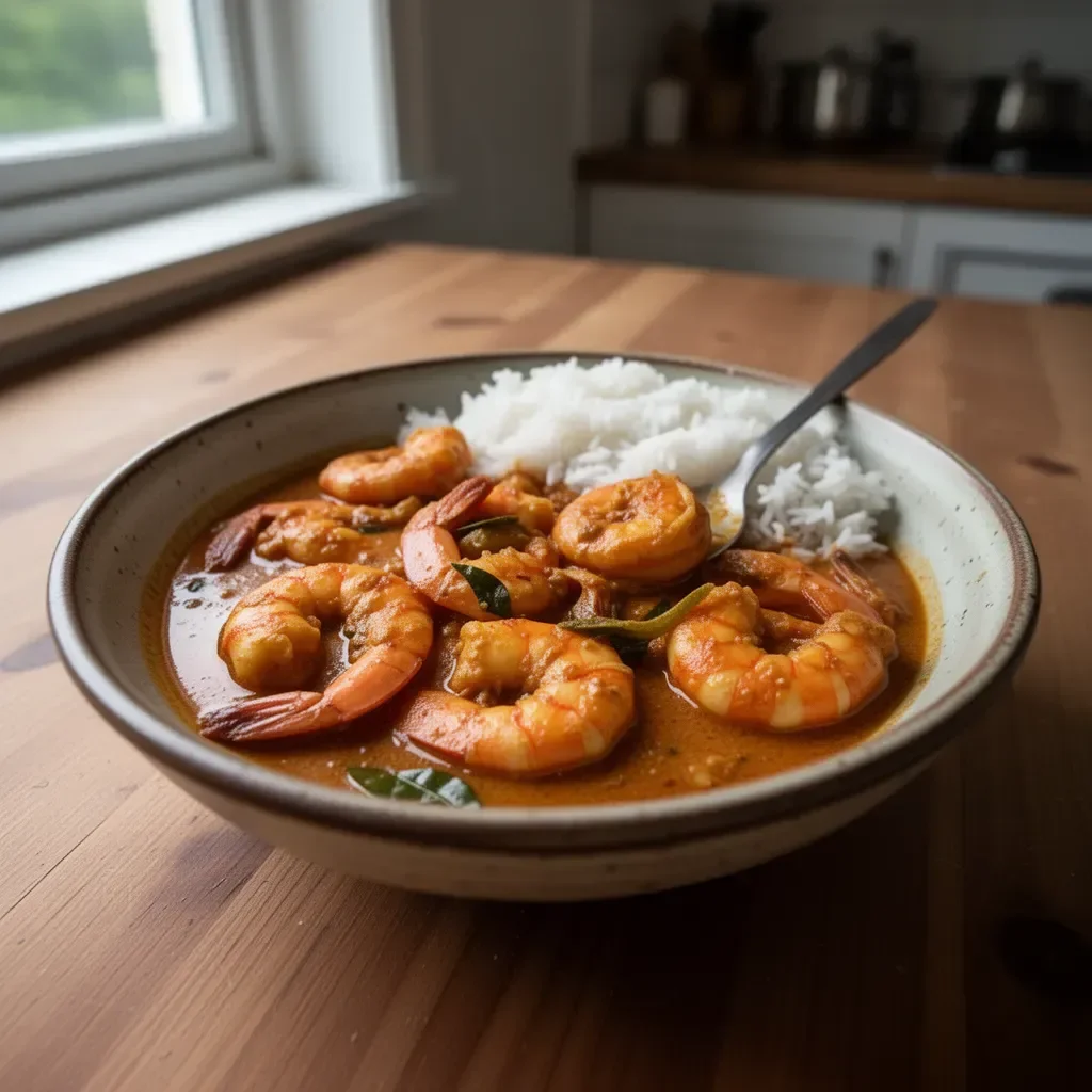 Delicious Kerala Prawn Curry served with aromatic spices and coconut