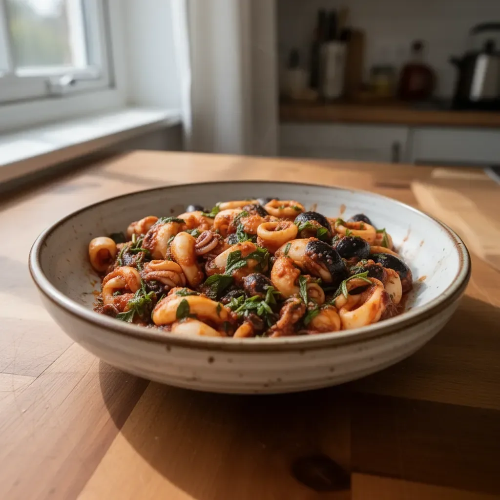 Plate of Keto Garlic Squid garnished with herbs and spices